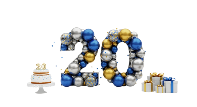 20th Birthday Party with Balloons, Cake and Gifts
