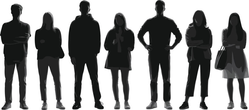 Silhouettes of diverse people in line, modern clothing style, dramatic lighting, black and white illustration, anonymity, urban concept, isolated background