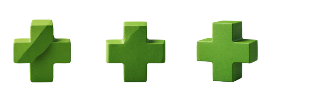 Three stylized, pixelated green plus signs