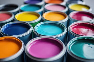 Fototapeta premium Brightly colored paint cans arranged neatly, showcasing vibrant