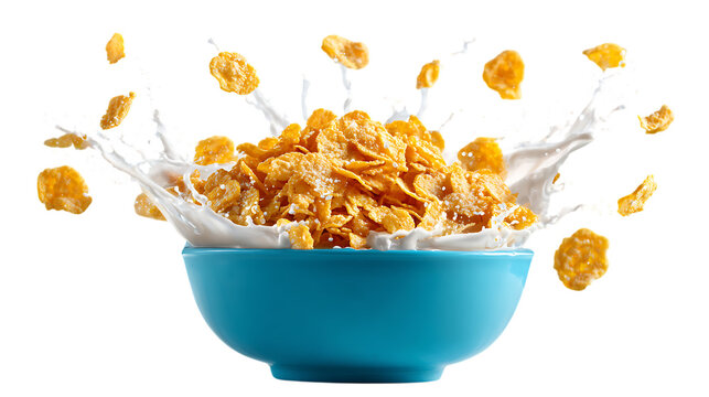 Blue bowl filled with cornflakes and milk splash on white background.