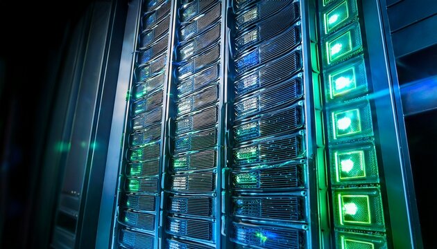realistic close up of a server rack with glowing data center lights in blue and green theme