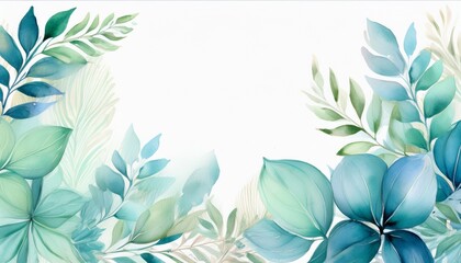 pale blue and green leaves botanical design banner floral pastel watercolor border frame
