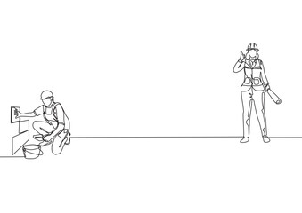Single continuous line drawing of young repair worker laying ceramic and architect holding helmet and blueprint roll paper