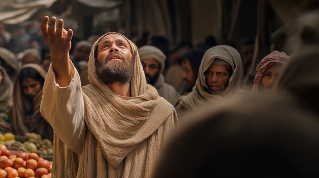 Malachi proclaims judgment in a crowded market street, symbolizing divine warning, accountability, and the call to righteousness among the people.