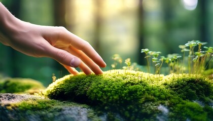 mindfulness in nature concept painting a hand gently touches green moss growing on a stone surface surrounded by small plants and a soft blurred natural background