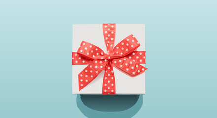 A cheerful white gift box is adorned with a bright red polka dot bow, placed centrally on a clear blue background. Perfect for any joyous occasion, celebration, or as a thoughtful present.