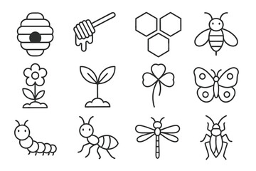 Nature icons: bees, flowers, and insects in minimal line art style