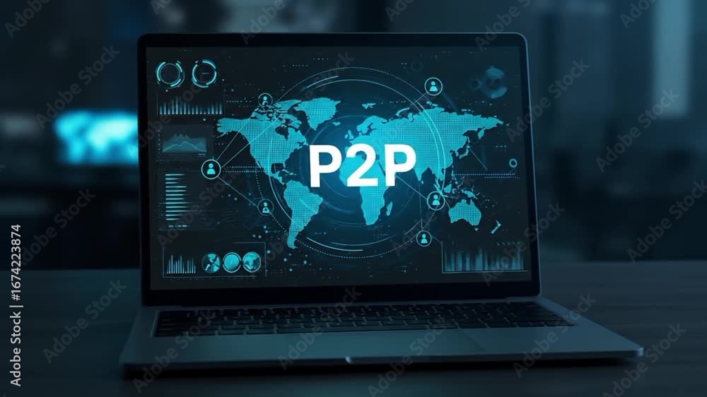 Poster laptop screen displaying p2 p network and world map