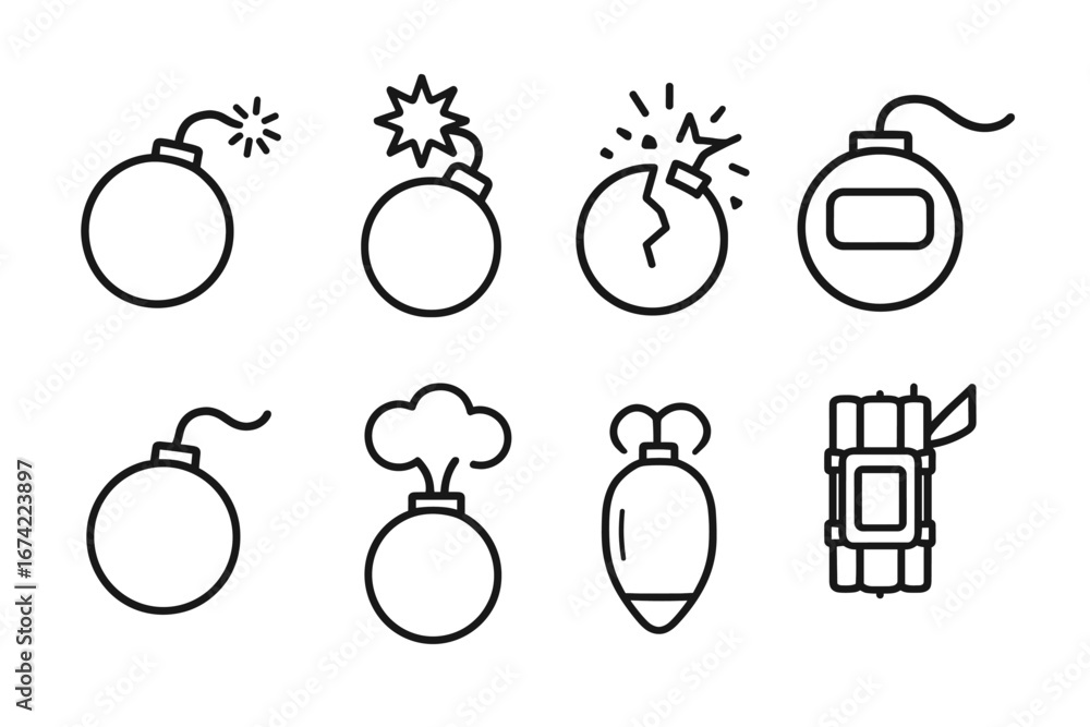 Poster set of eight bomb icons with fuses and explosions in black line art style
