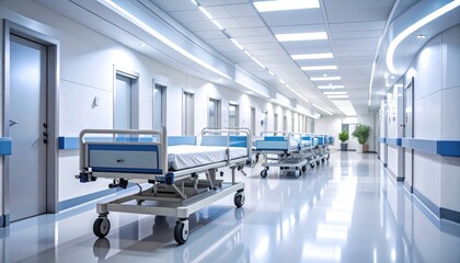 Obraz premium Hospital corridor with beds with modern healthcare background.