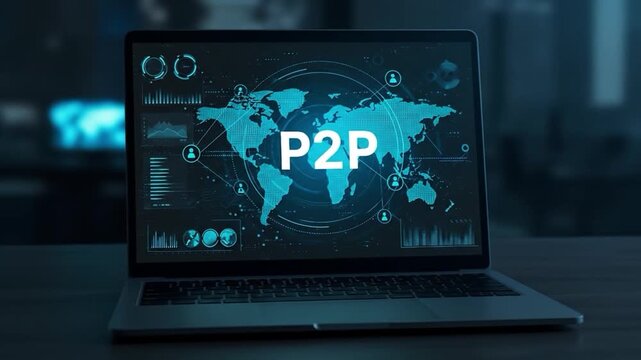 Laptop Screen Displaying P2 P Network and World Map