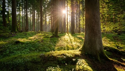 Obraz premium sunlight filters through a serene forest illuminating the textured bark of a tree creating a peaceful and natural ambiance