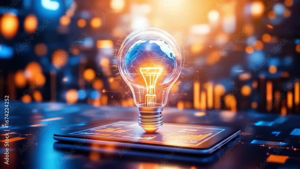 Poster light bulb containing earth on a tablet with data charts