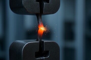 Close-up of a tensile strength testing machine breaking a glowing hot metal bar.
