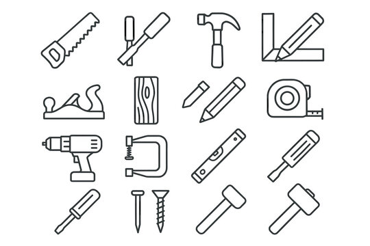 Line art of essential woodworking tools and equipment icons