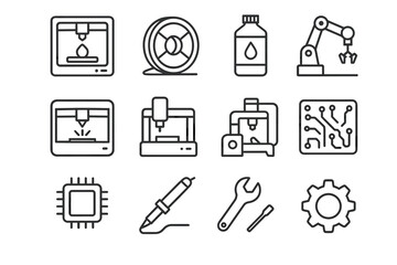 Set of line icons: 3d printing, cnc machines, robotics, electronics, and tools