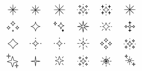 Collection of hand drawn black starburst sparkle and twinkle icons on a white background