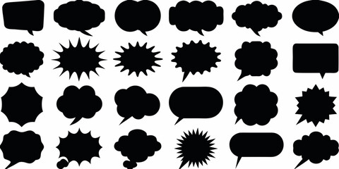 Collection of diverse black speech bubble shapes and comic book explosion shapes on a white background