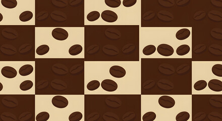 Obraz premium Coffee Beans Seamless Pattern in Checkered Style: Brown and Beige Tones, Minimalist Design, Cafe Backdrop, Food Texture, Drink Motif, Aroma Theme, Printable, Cafe Decor