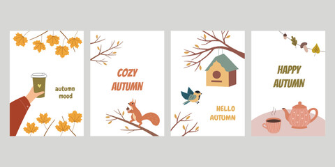 Set of postcards with nature illustrations and text. Cozy vector backgrounds with autumn scenes