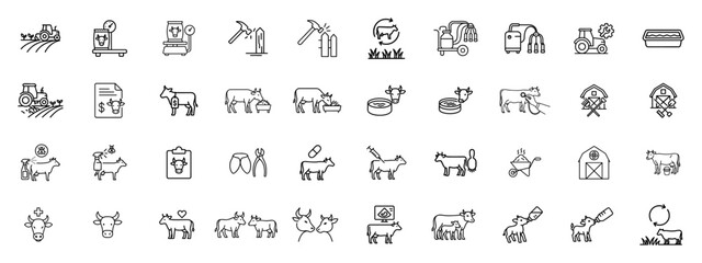 Cattle Farm Line Icons Set ? Thin 1.5px Stroke Vector  Cow, Calf, Milking, Barn, Veterinary, Agriculture & Farming Outline Icons Pack