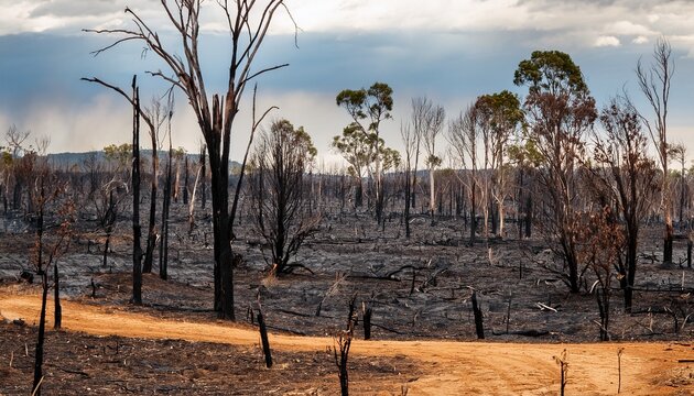 the aftermath of the bushfire revealed a barren landscape of ash covered ground and the charred remains of trees and branches - Powered by Adobe
