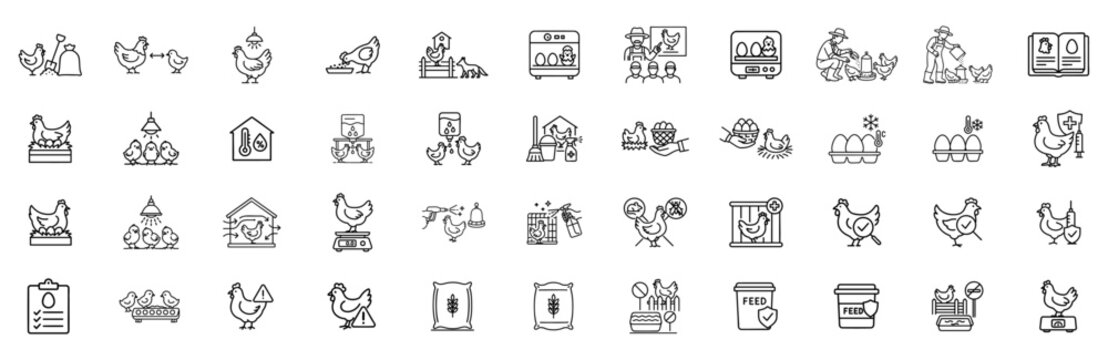 Poultry Farm Activities Line Icons Pack High Detail minimal thin Stroke Vector Chicken, Egg, Broiler, Layer, Farming, Agriculture Icons Set