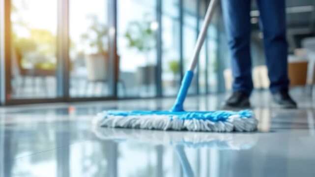 Person mopping a floor in a modern office cleaning