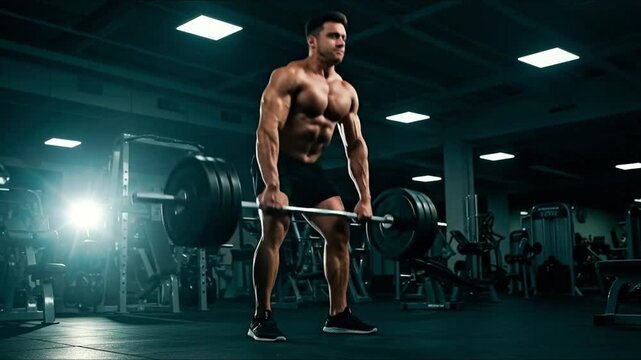 Muscular man deadlifting heavy barbell in gym illuminated by bright lights focused  straining