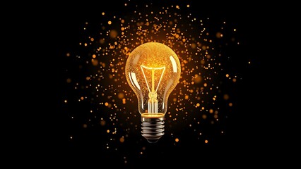 Golden lightbulb surrounded by floating particles, symbolizing creativity and bright ideas in darkness.