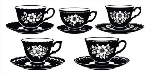 Vintage Floral Tea Cups and Saucers Black and White Engraving Style Keywords: tea cup, teacup, saucer