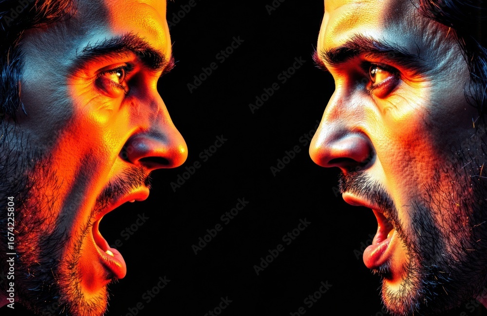 Poster a tense confrontation between two men facing each other with intense expressions