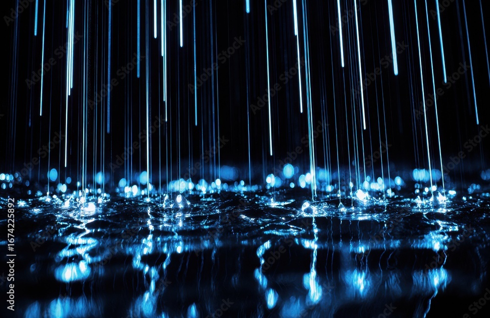 Poster light streaks falling into water creating reflections and ripples in a dark environment