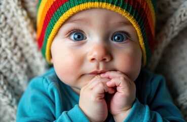 A baby with bright blue eyes wearing a colorful striped knit hat and a blue shirt