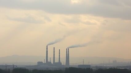Industrial landscape with smokestacks and a dramatic cloudy sky.