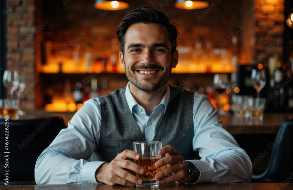 Poster smiling man enjoying a drink at a bar with warm ambient lighting