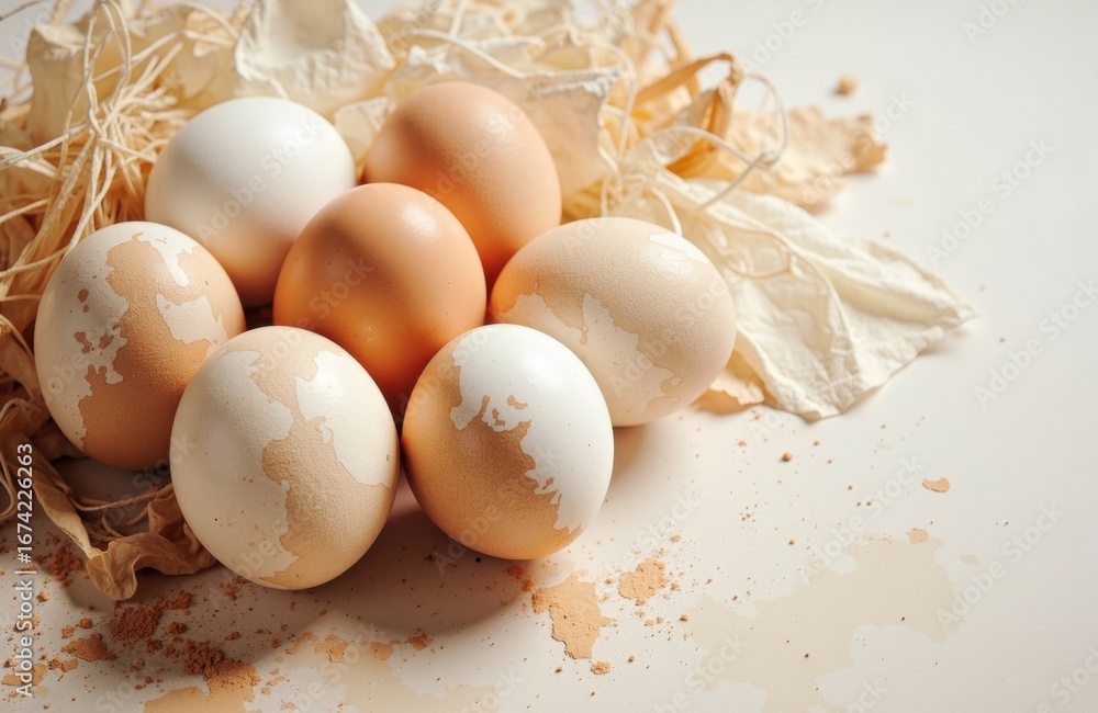 Poster cream and brown eggs arranged on a light surface with shredded paper and scattered shells creating a