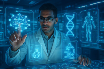 a male doctor in a lab coat is interacting with a holographic interface, including a dna helix and human anatomy, representing medical technology and research