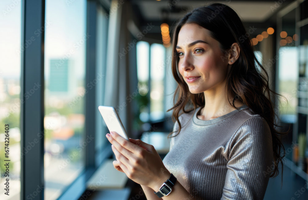 Poster woman using smartphone in modern office setting with large windows and city view