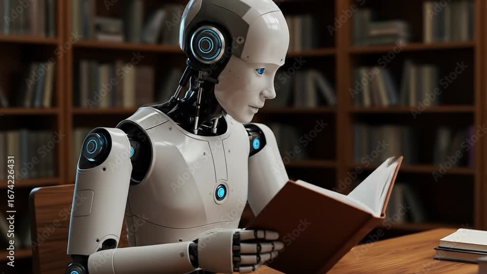 Poster robot reading a book in a library android artificial intelligence
