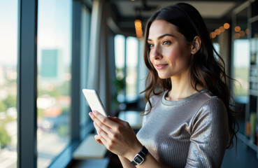 Woman using smartphone in modern office setting with large windows and city view