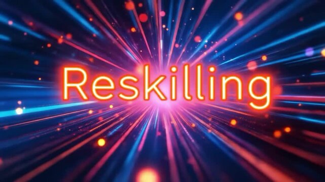 Reskilling text glowing with abstract light streaks background