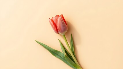 Single tulip blossom isolated on a neutral beige background with soft overhead lighting.