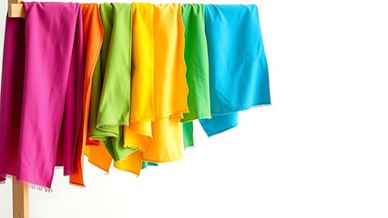 Vibrant fabrics arranged on a wooden rack, illustrating contemporary fashion aesthetics.