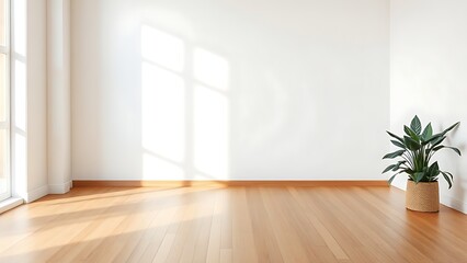 Minimalist living room corner with wooden floors and diffused light, exuding calm simplicity.