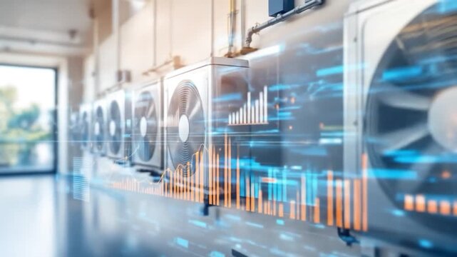 Row of air conditioning units with digital data overlays