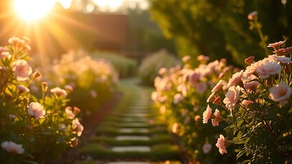 A sunlit garden path winds through vibrant blooms, bathed in the warm glow of golden hour.