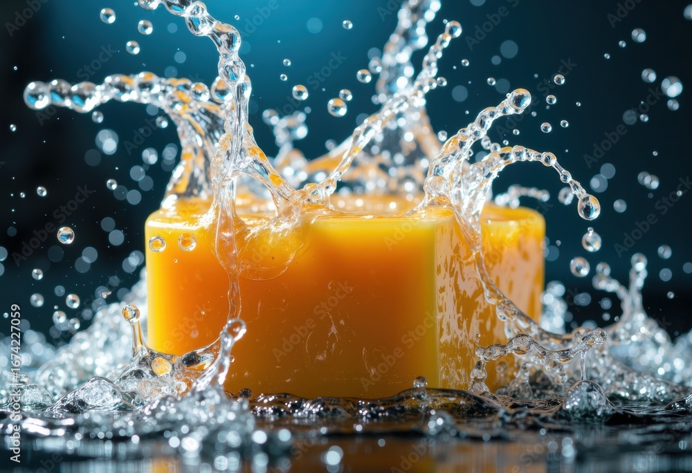 Poster juice splash with orange liquid and water droplets creating dynamic movement