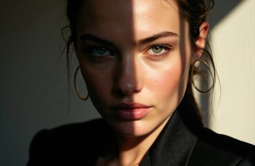 A woman with striking features gazes intensely into the camera with dramatic lighting highlighting her face
